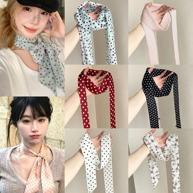 Silk Neck Scarf - Polka Dot Floral Print Silk Scarf