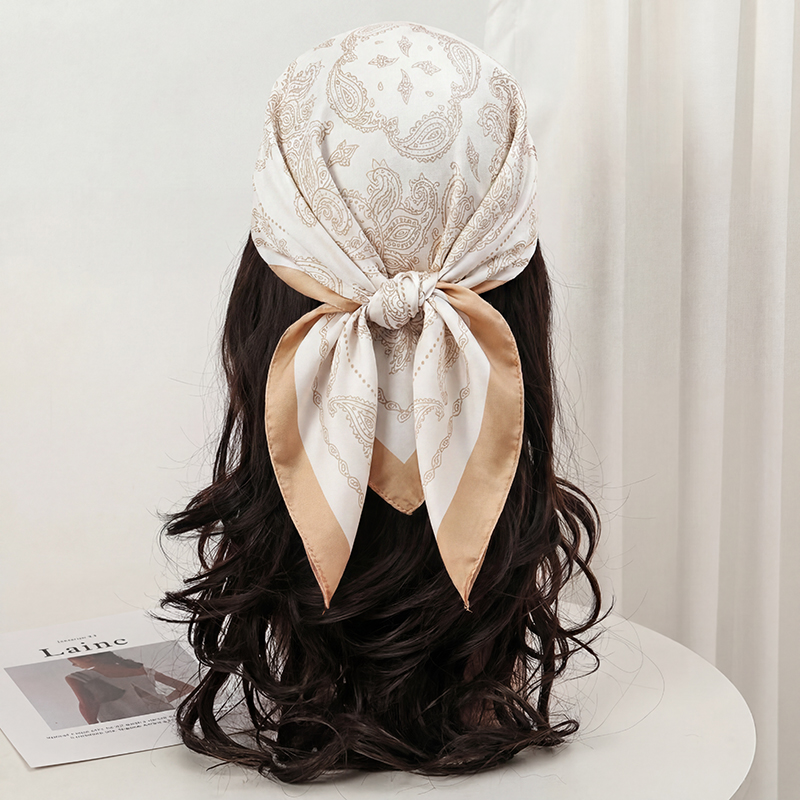Vintage Beige Paisley Print Sq - Silk Neck Scarf ulasan dan harga
